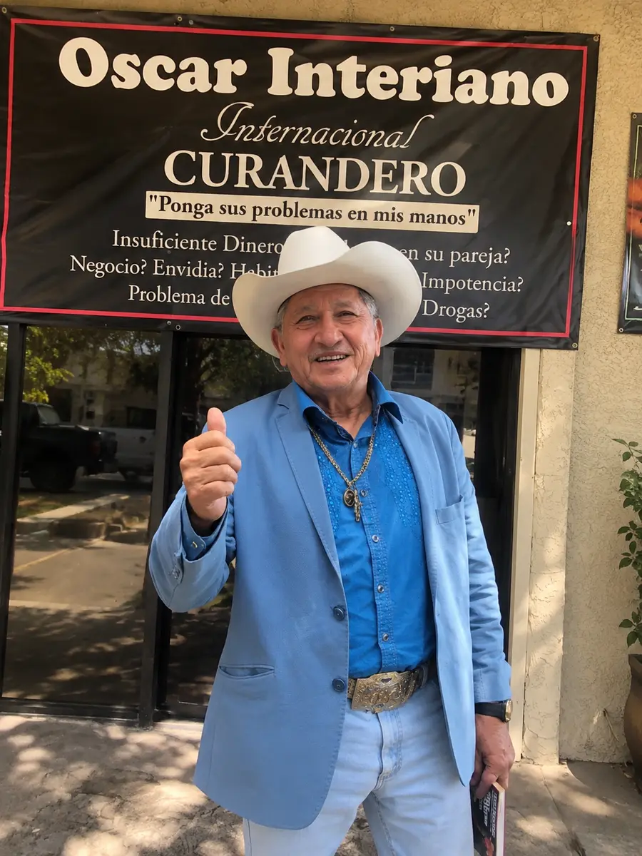 Oscar Interiano con saco azul frente a su consultorio